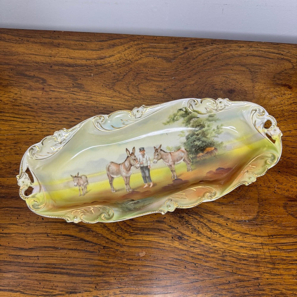 Royal Bayreuth Bavaria Donkey Boy Celery Tray Porcelain Gold Gilt Dish 12.5in